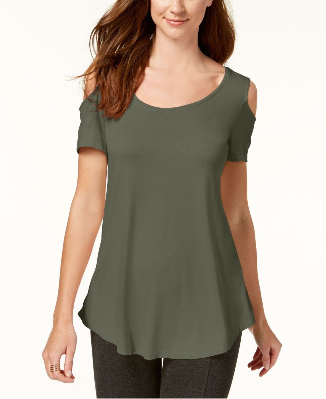Camiseta JM Collection com ombros descobertos e mangas curtas, tamanho extra grande, verde-oliva