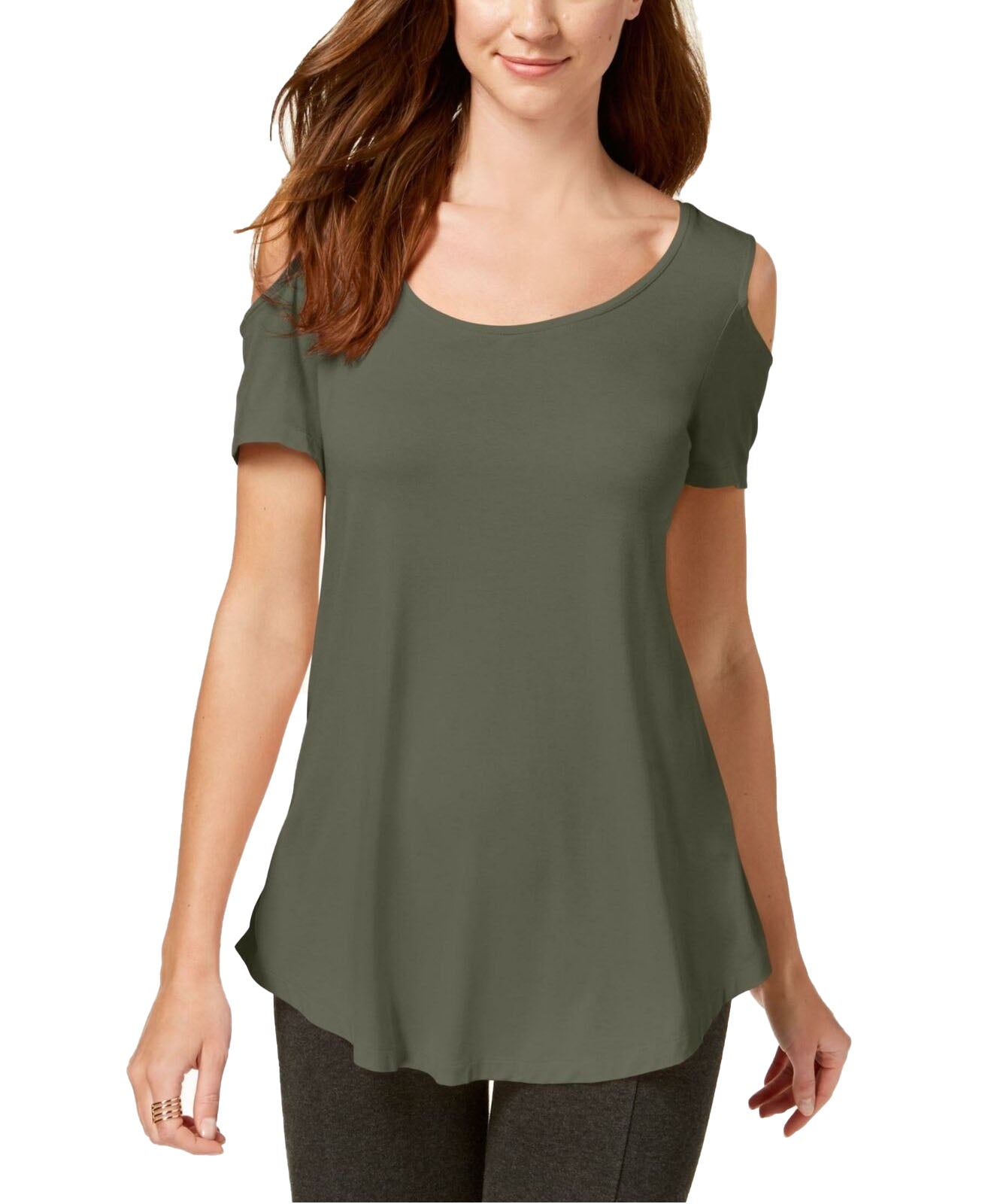 Camiseta JM Collection com ombros descobertos e mangas curtas, tamanho extra pequeno, verde oliva