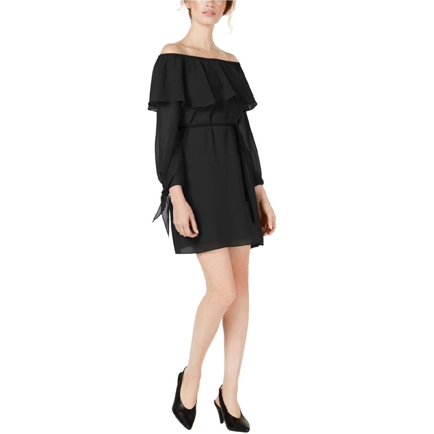 Vestido feminino Maison Jules com babados e ombros à mostra, preto, tamanho extrapequeno