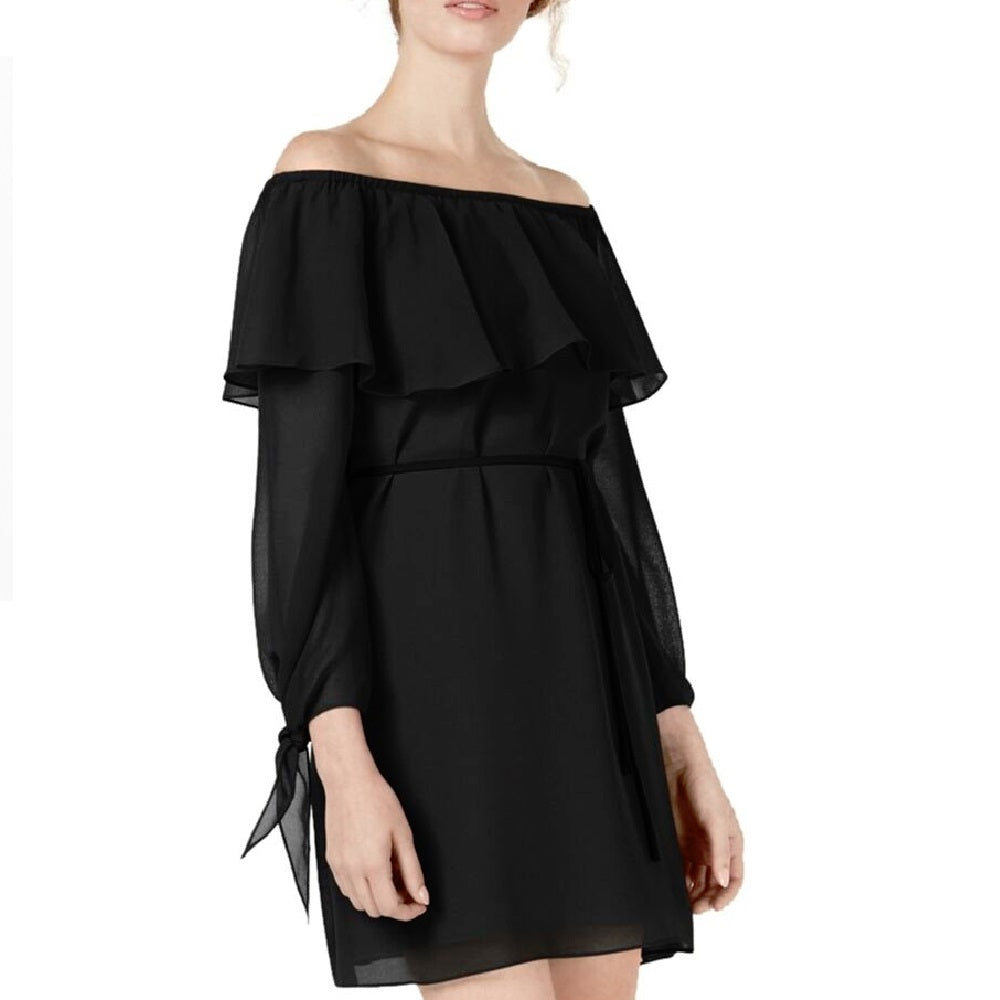 Vestido feminino Maison Jules com babados e ombros à mostra, preto, tamanho extrapequeno