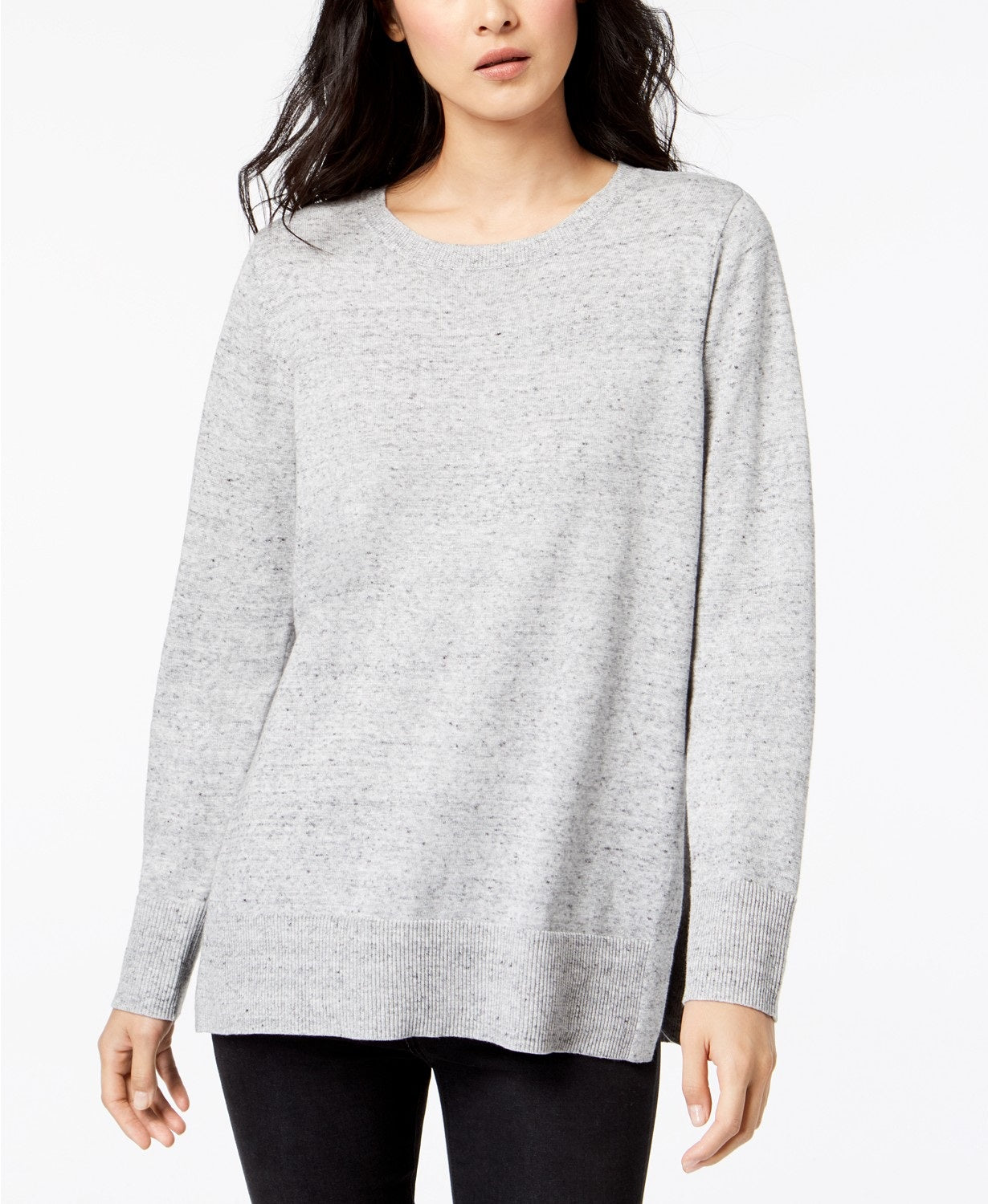 Suéter feminino de algodão com gola redonda Maison Jules, cinza claro, tamanho grande