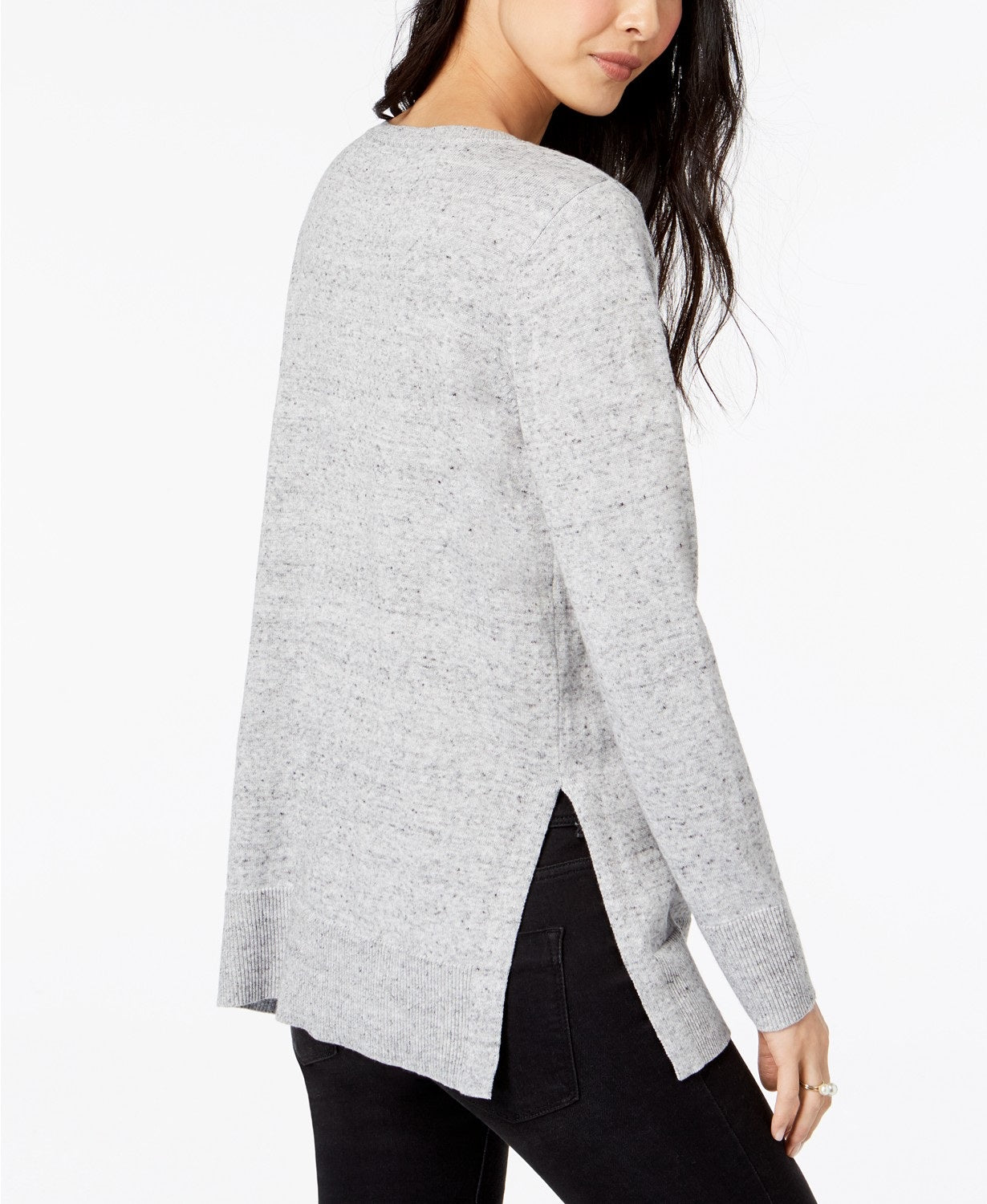 Suéter feminino de algodão com gola redonda Maison Jules, cinza claro, tamanho grande