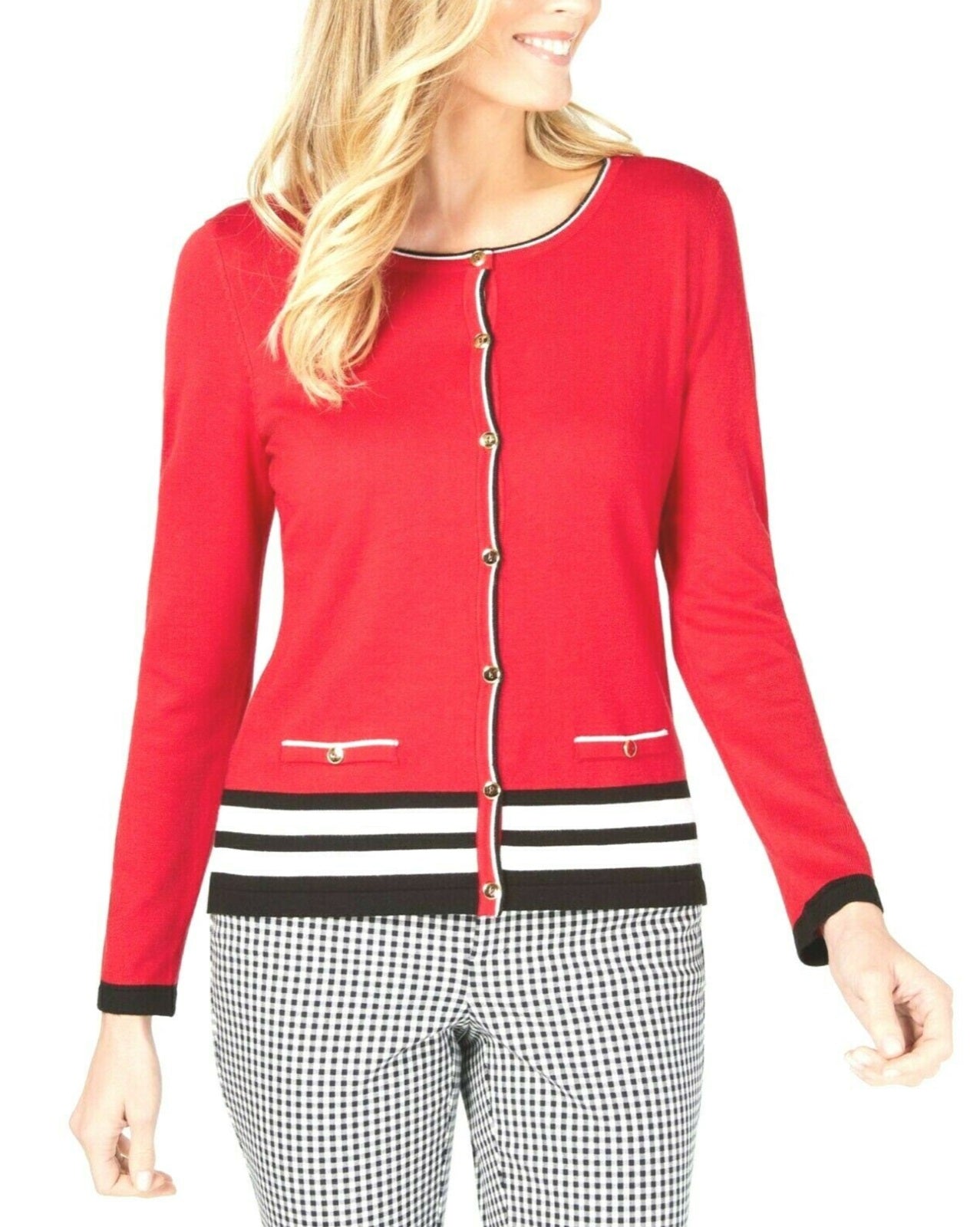 Karen Scott Cardigan Feminino Listrado Resort Bainha Vermelho Tamanho 2 Extra Grande