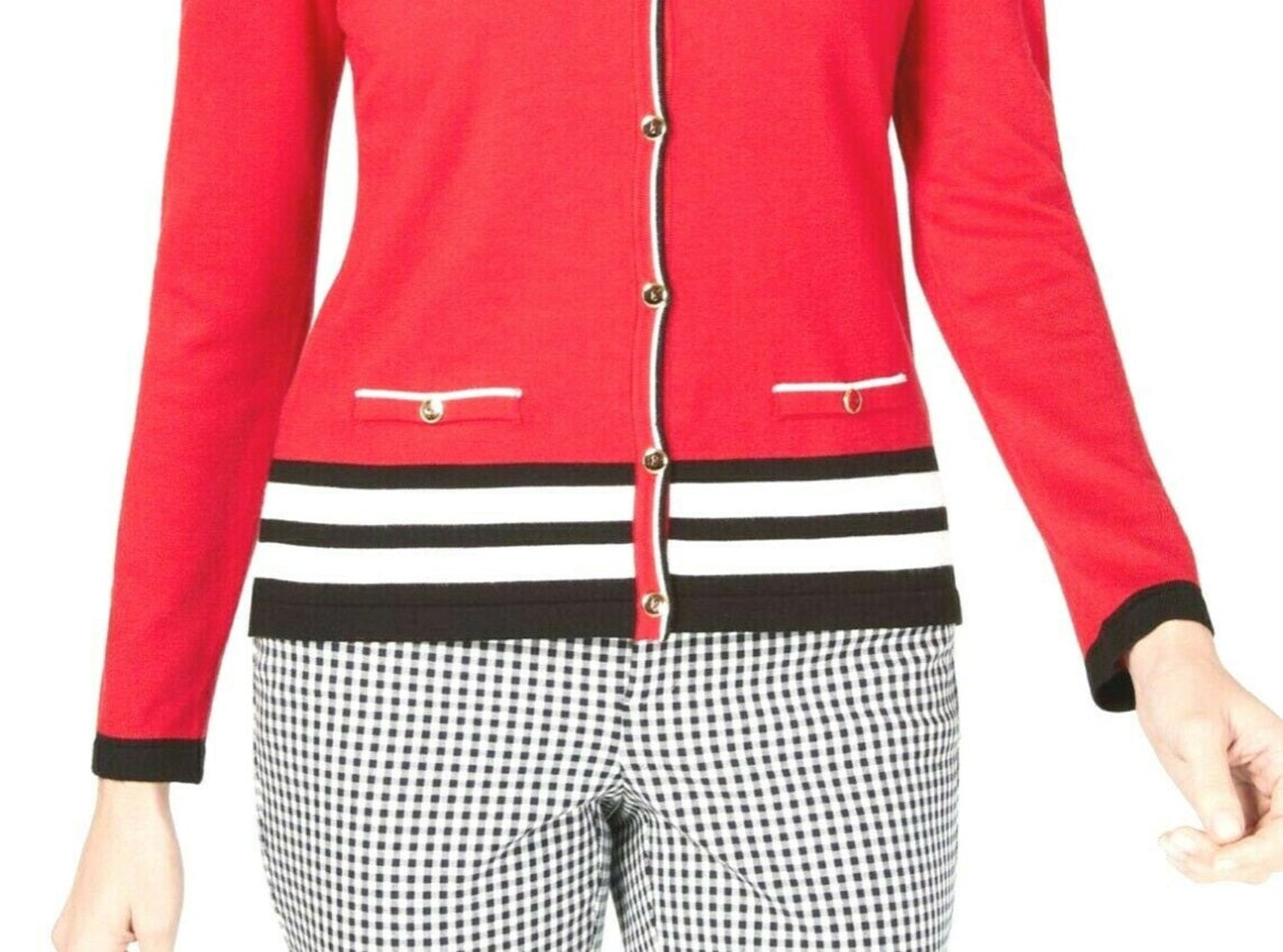 Karen Scott Cardigan Feminino Listrado Resort Bainha Vermelho Tamanho 2 Extra Grande