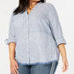 Camisa feminina de algodão listrada com franjas e acabamento em estilo Style &amp; Co, tamanho pequeno