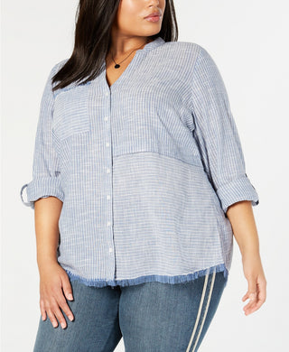 Camisa feminina de algodão listrada com franjas e acabamento em estilo Style &amp; Co, tamanho pequeno