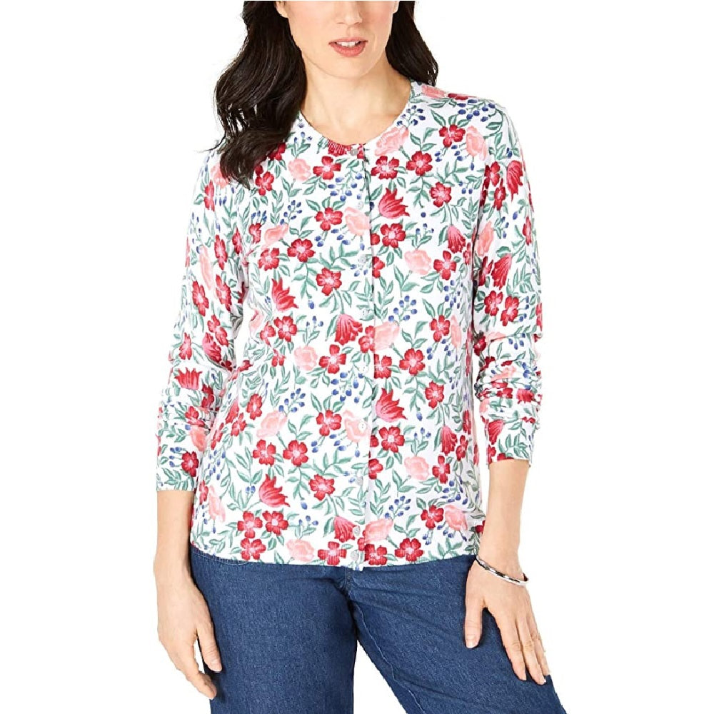 Karen Scott Cardigan Feminino Estampado Floral Branco Brilhante Combinado Tamanho Pequeno