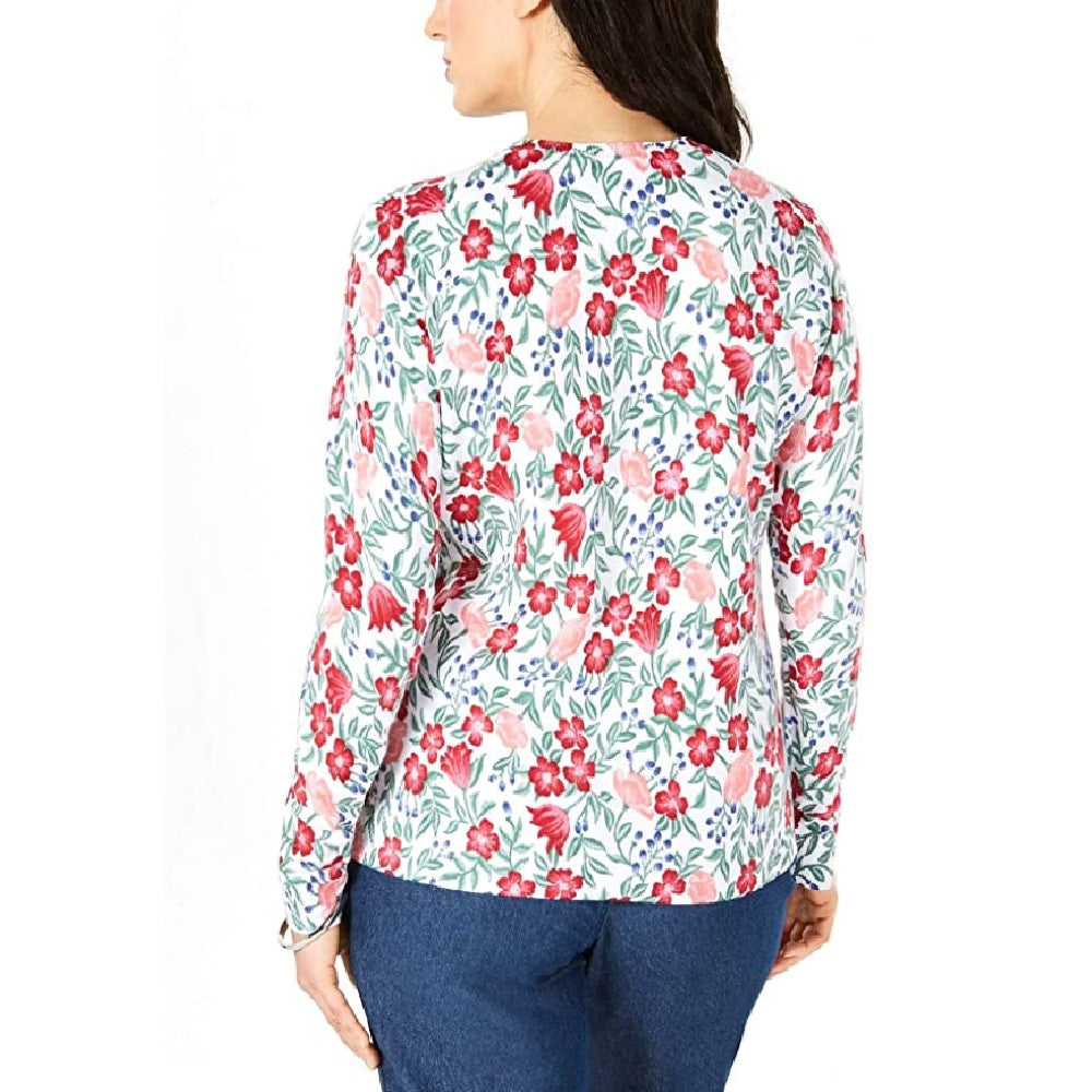 Karen Scott Cardigan Feminino Estampado Floral Branco Brilhante Combinado Tamanho Pequeno