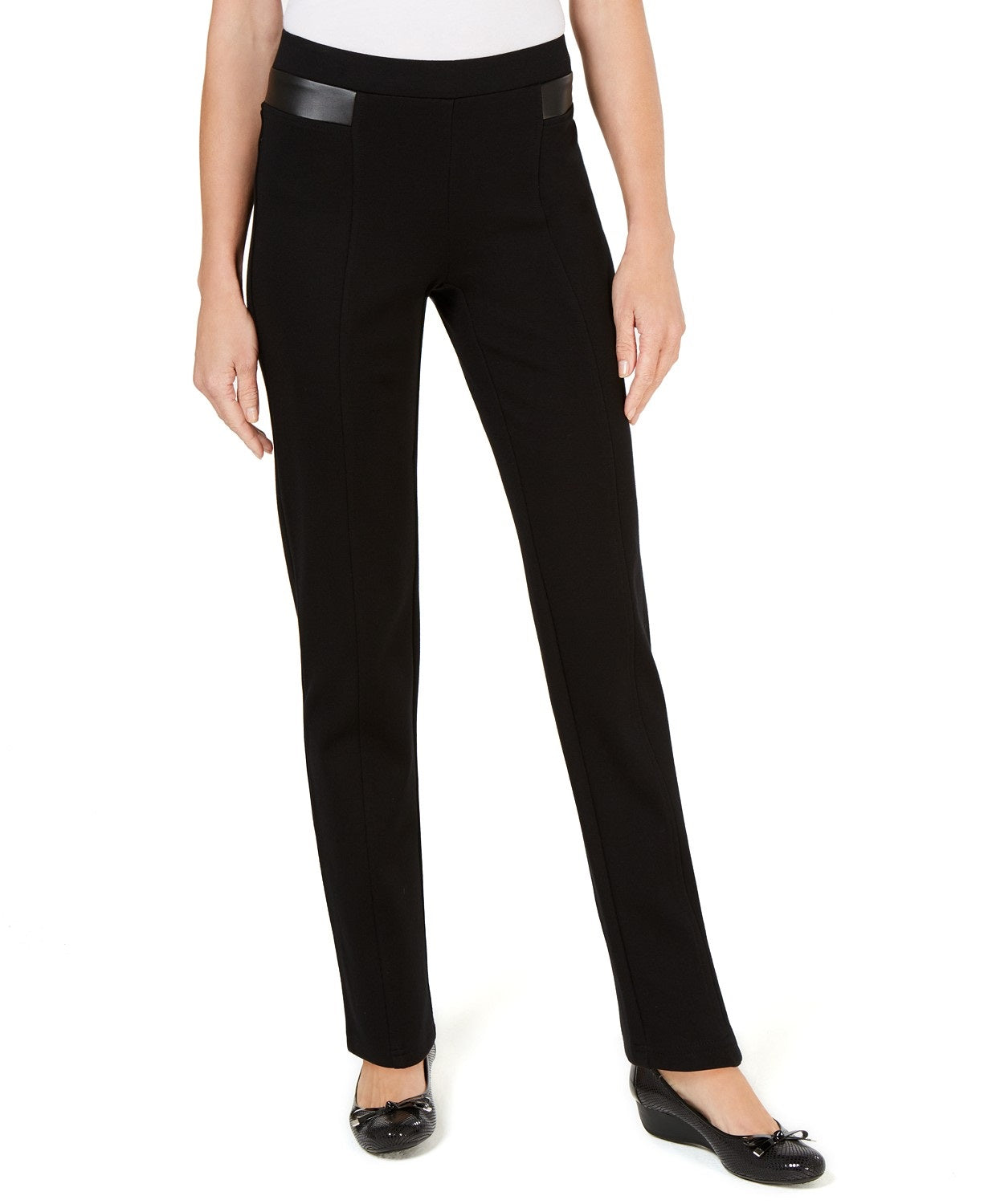 Calça feminina JM Collection com acabamento em couro sintético e ponte em malha, preta, tamanho médio