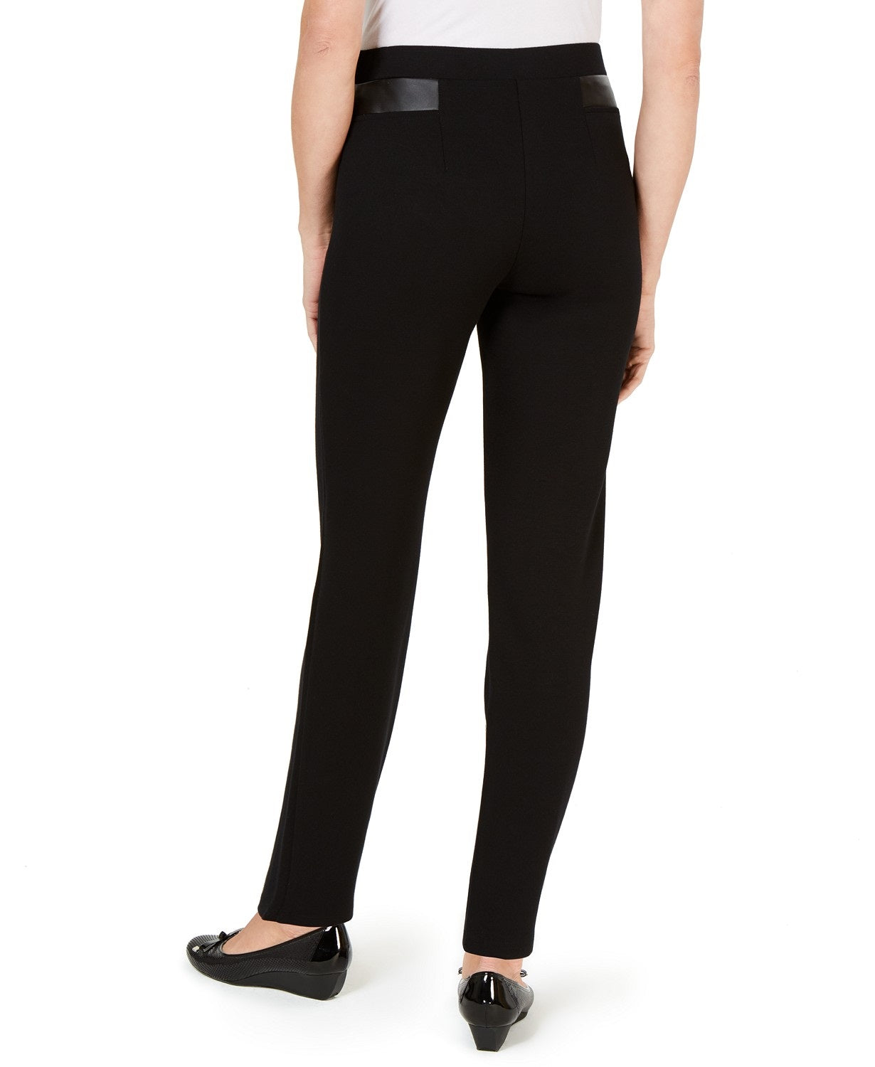 Calça feminina JM Collection com acabamento em couro sintético e ponte em malha, preta, tamanho médio