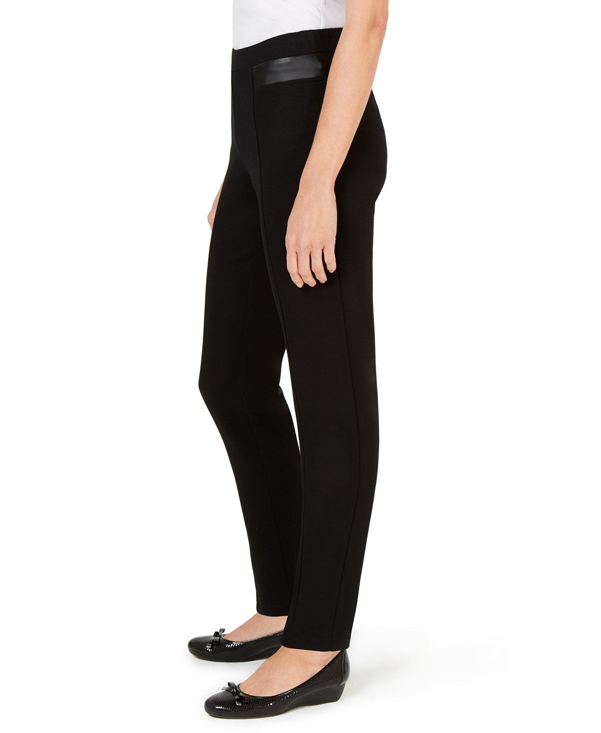 Calça feminina JM Collection com acabamento em couro sintético e ponte em malha, preta, tamanho médio