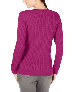 Karen Scott Suéter Feminino de Algodão com Malha Trançada e Decote em V Fúcsia Tamanho 2 Extra Grande