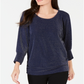 JM Collection Top feminino metálico com decote canoa, azul, tamanho extragrande