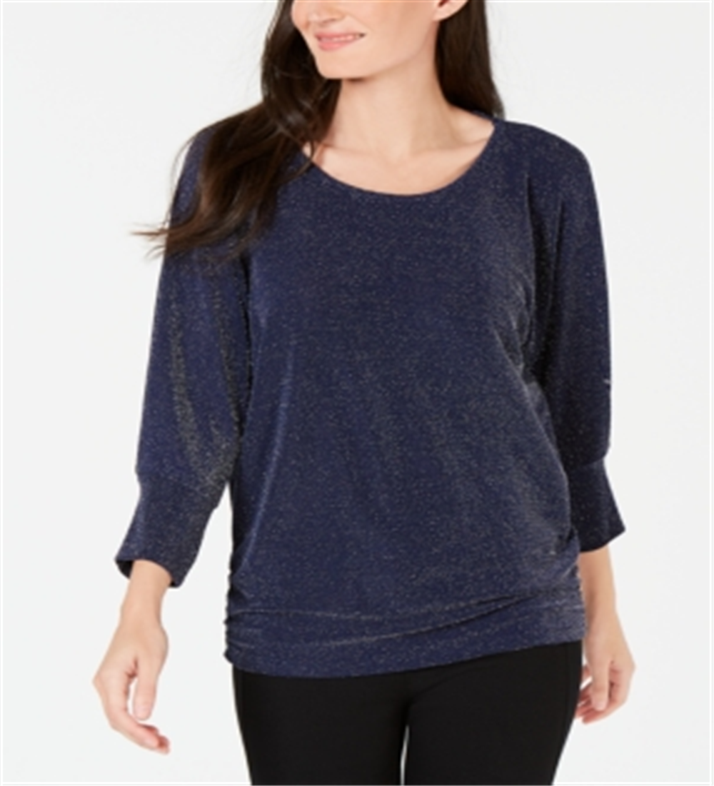 JM Collection Top feminino metálico com decote canoa, azul, tamanho extragrande