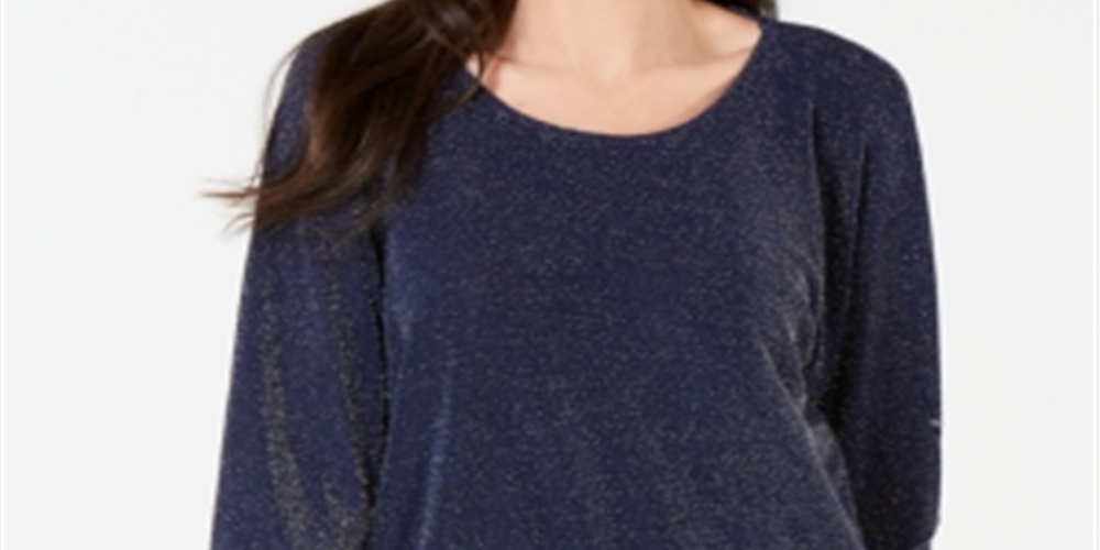 JM Collection Top feminino metálico com decote canoa, azul, tamanho extragrande