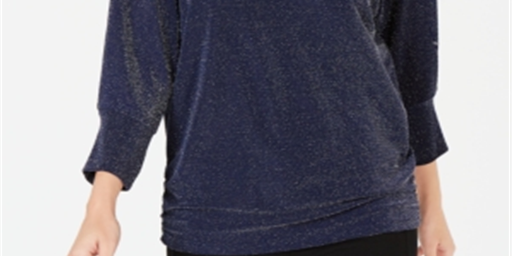 JM Collection Top feminino metálico com decote canoa, azul, tamanho extragrande