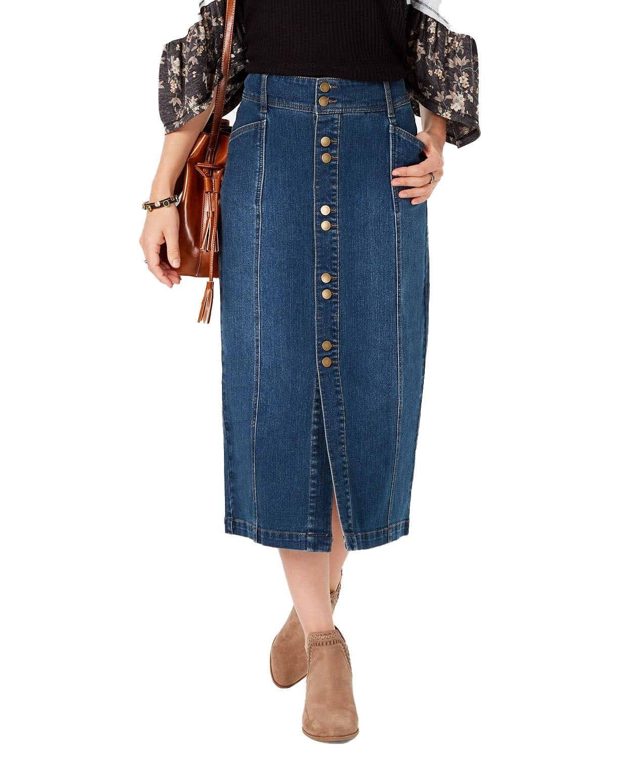 Saia jeans midi com botões frontais estilo &amp; co feminina, tamanho marinho, 4"