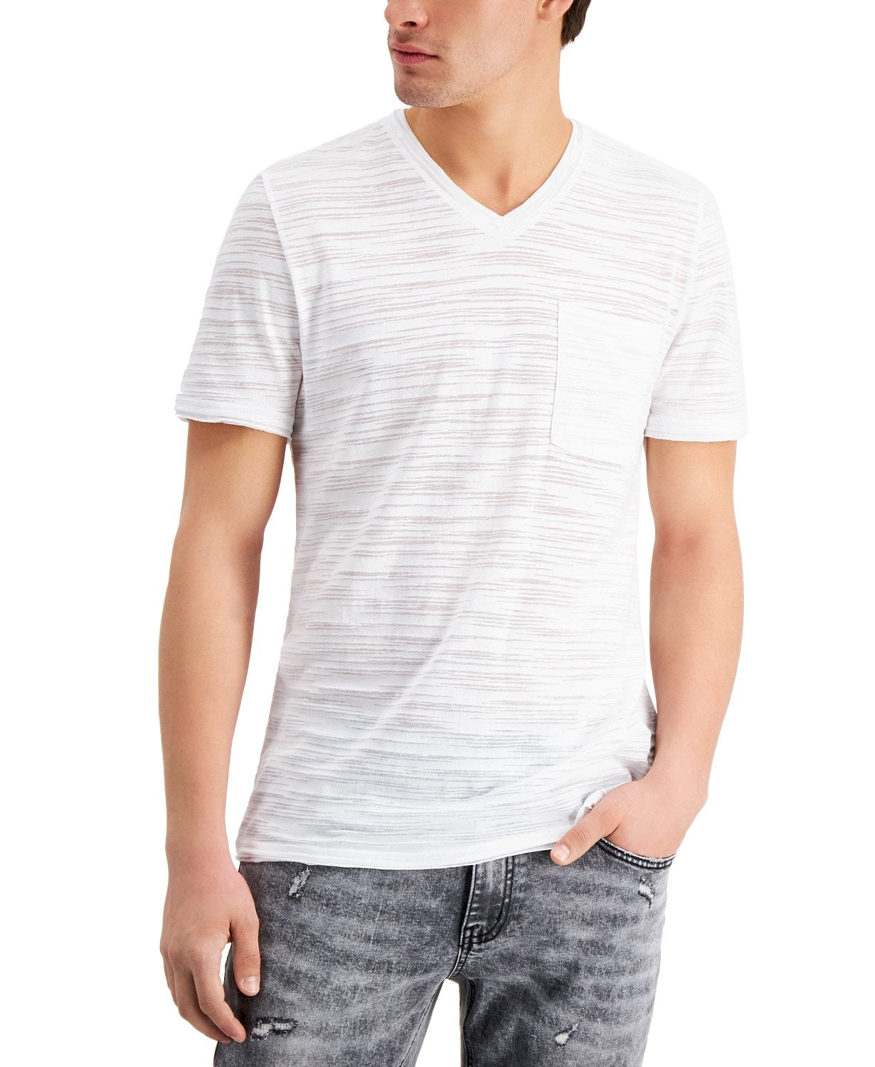 Camiseta masculina com listras quebradas e decote em V da INC International Concepts, branca, tamanho grande
