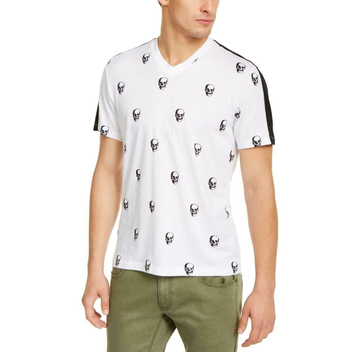 Camiseta masculina com estampa de caveira e gola V da INC International Concepts, branca, tamanho pequeno