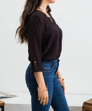 Blu Pepper - Split Neck Back Button Three Quarter Tab Sleeve Top