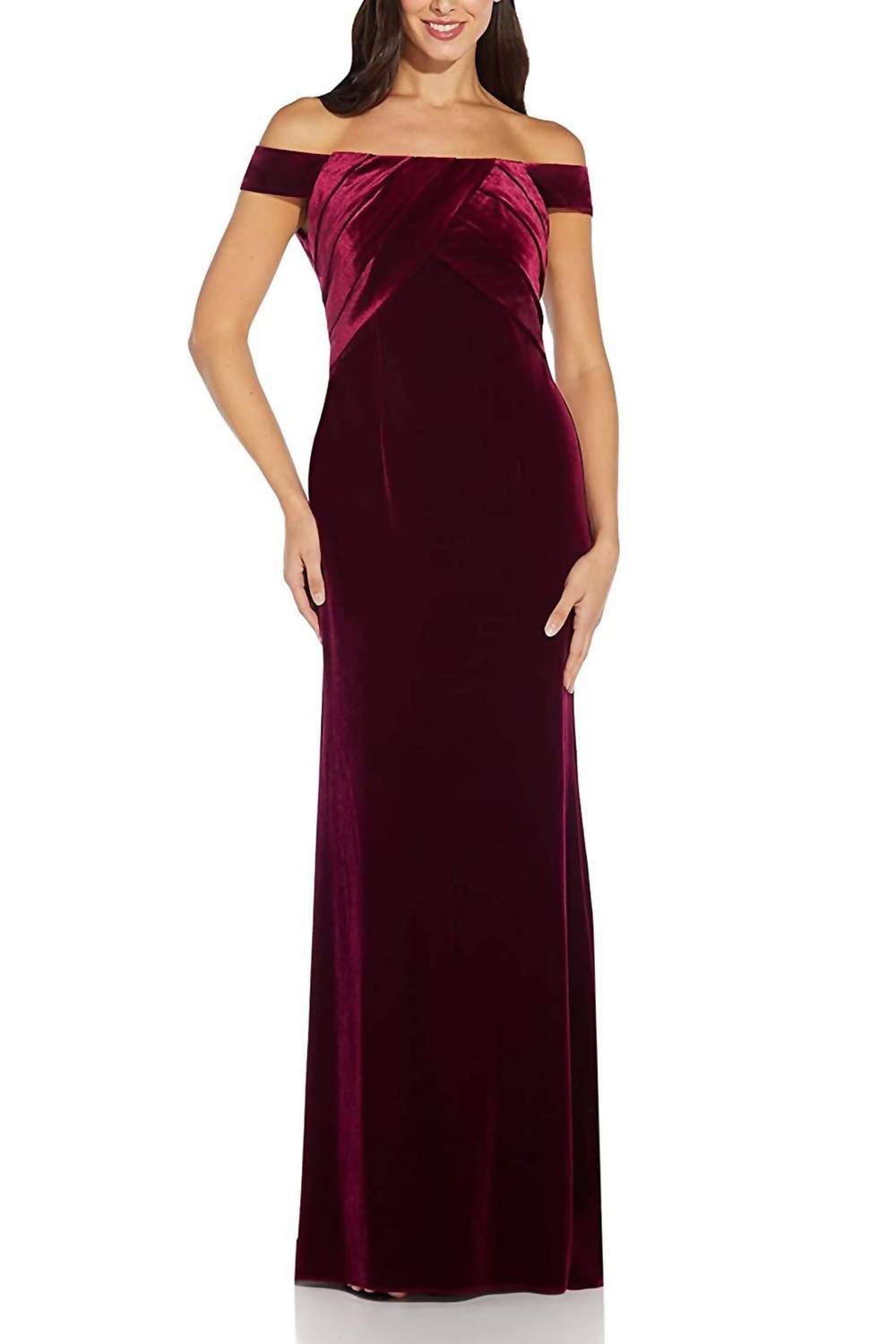 Adrianna Papell - Off Shoulder Pleated Front Velvet Gown