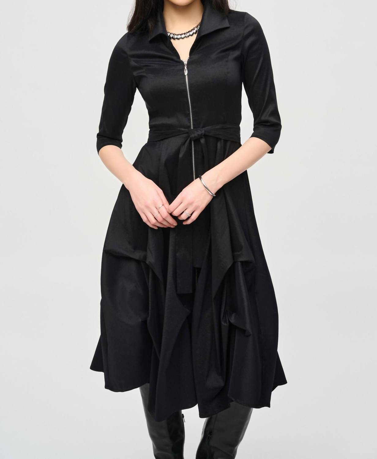 Joseph Ribkoff - Zip Front Waist Sash Taffeta Midi Dress