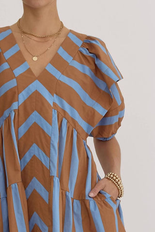 Entro - Mixed Line Print V-Neck Mini Dress