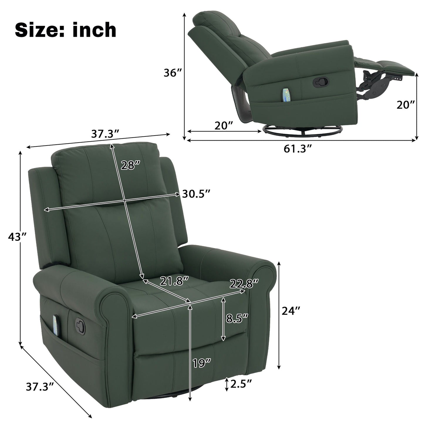 Manual Recliner Chair with 270° Swivel, Massage & Heating