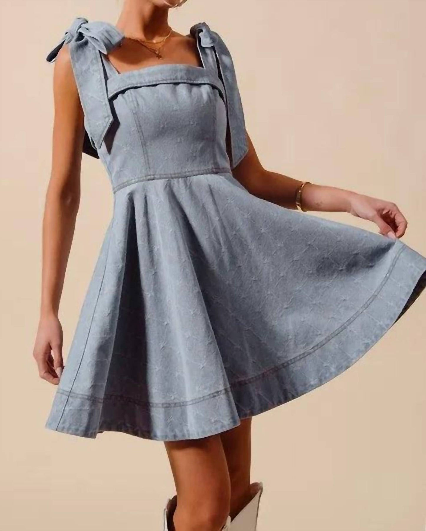 Trendsi - So Me A Line Fit And Flare Diamond Bow Ribbon Denim Dres