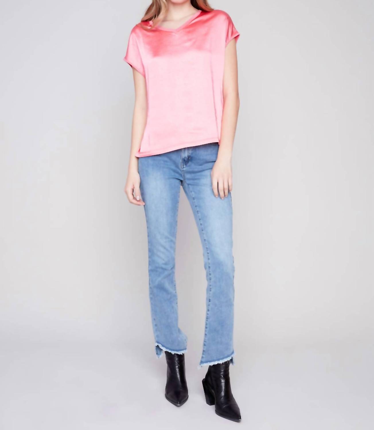 Charlie B - Satin Knit Combo V-Neck Top