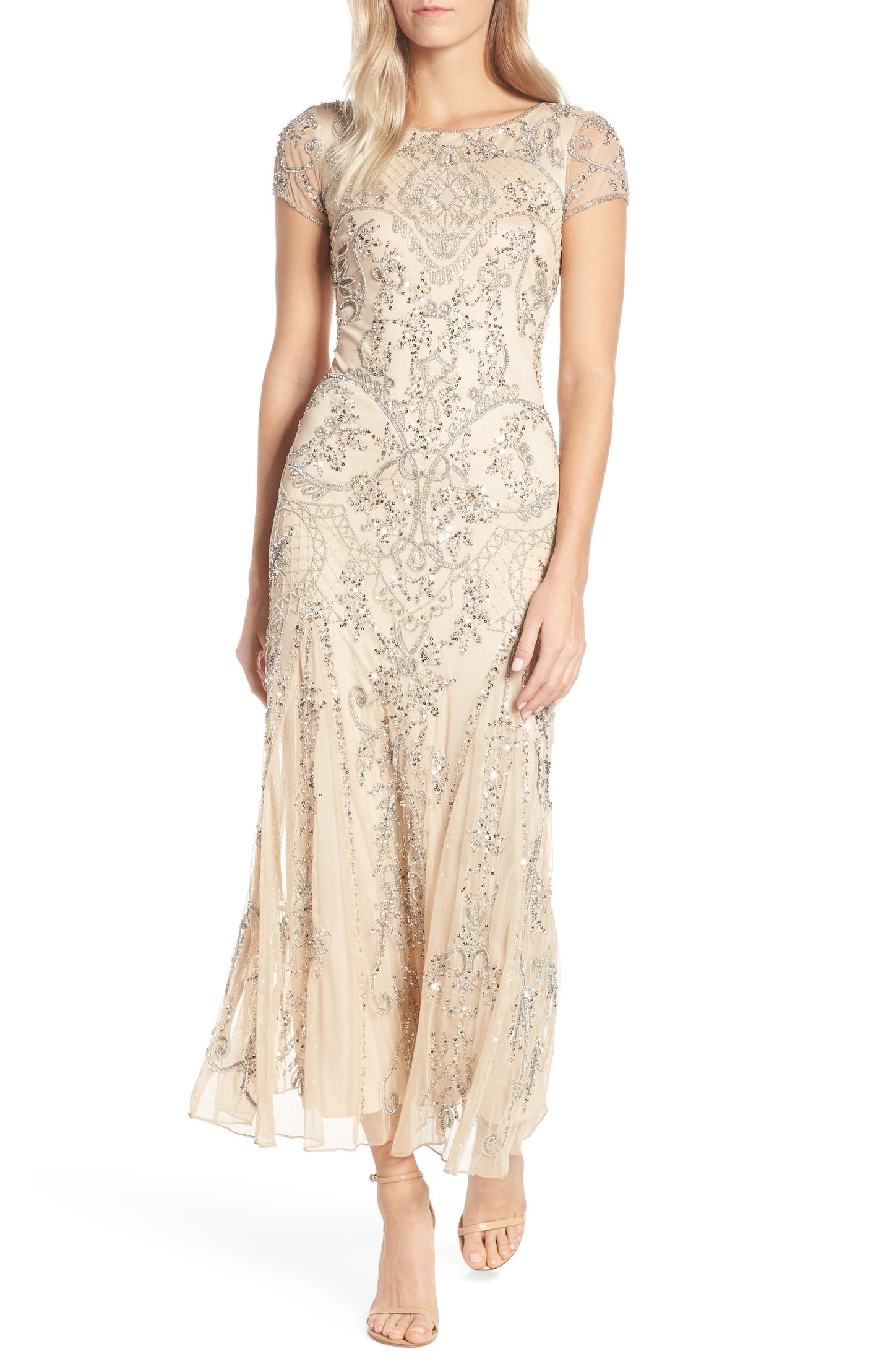 Petite Women's Pisarro Nights Embellished Mesh Gown, Size 10P - Metallic