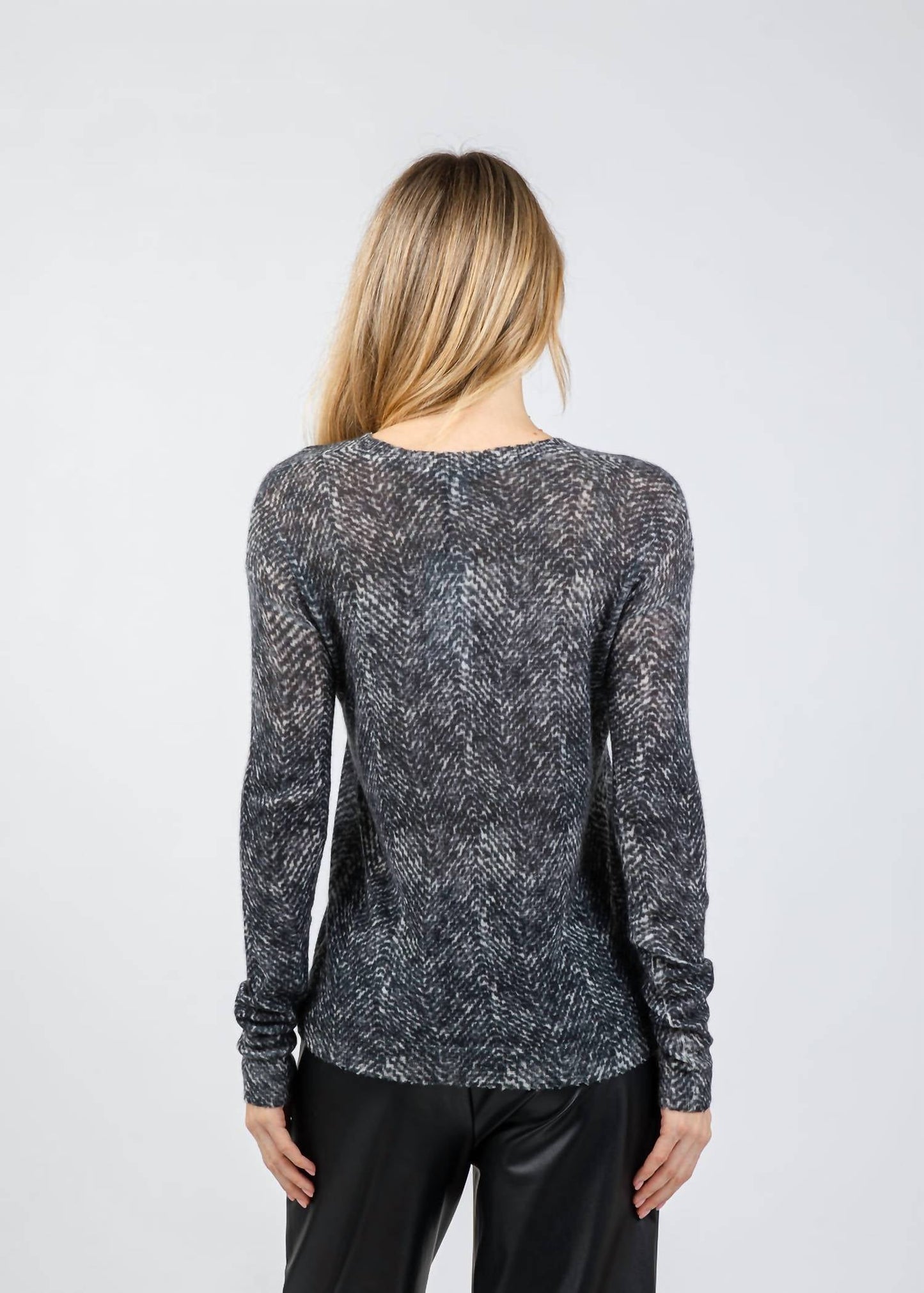 Autumn Cashmere - Cashmere Herringbone Print Raw Edge Crew Sweater