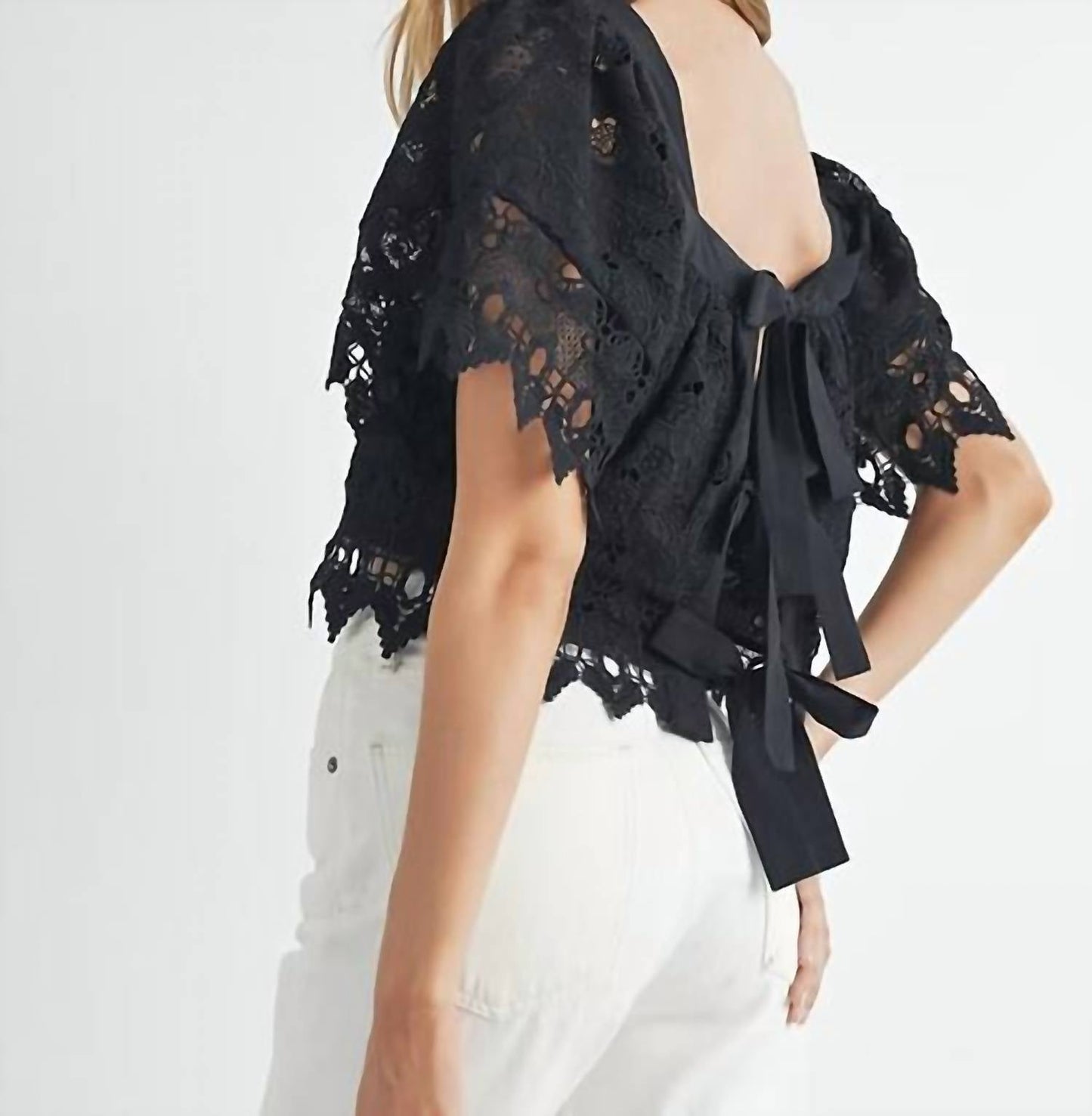 Mable - Square Neck Crochet Lace Top With Double Bow Tie