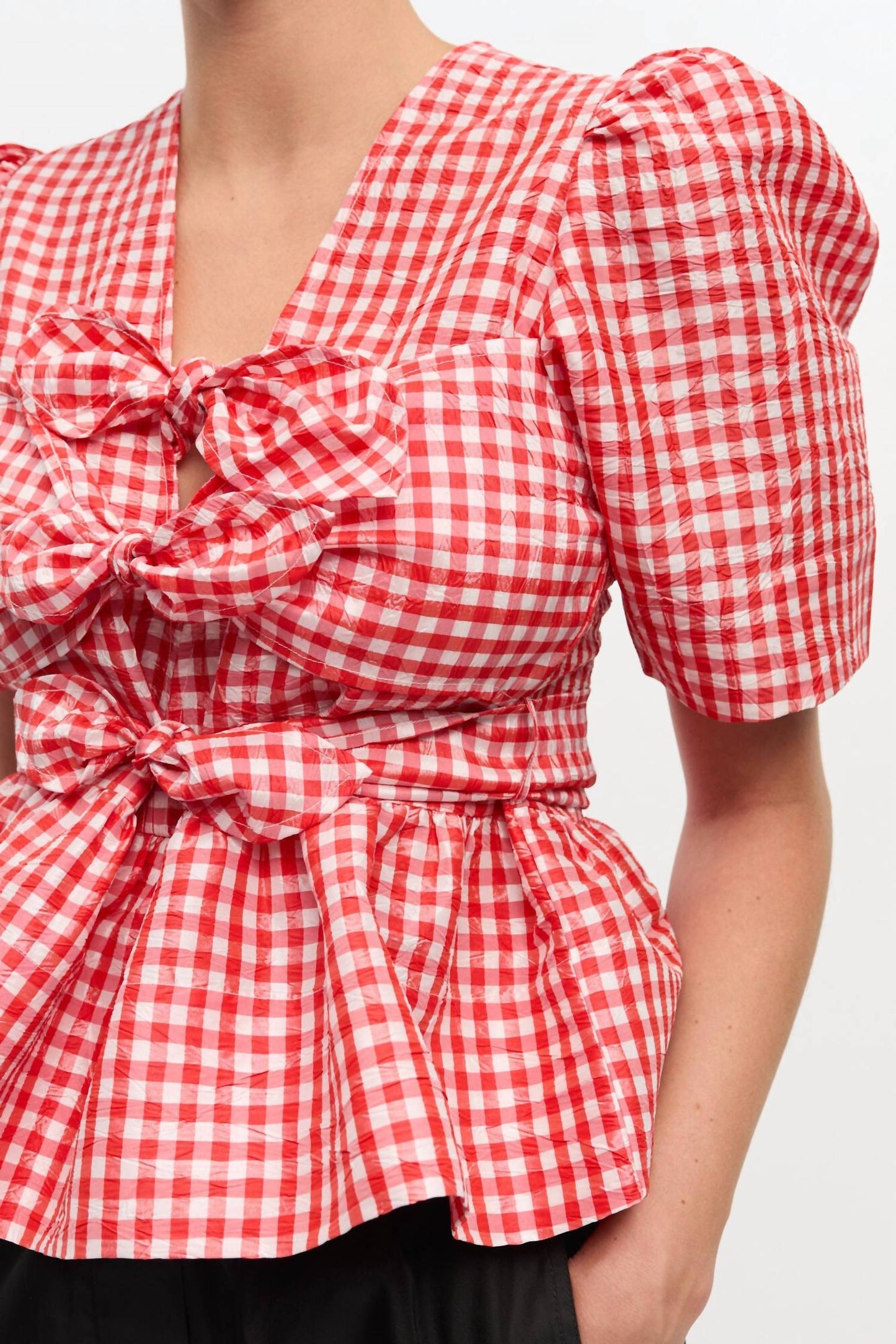 Ganni - Women's Crinkled Taffeta Check Tie Strap Blouse