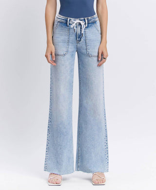 Flying Monkey - HIGH RISE DRAWSTRING WAISTBAND WIDE LEG JEANS