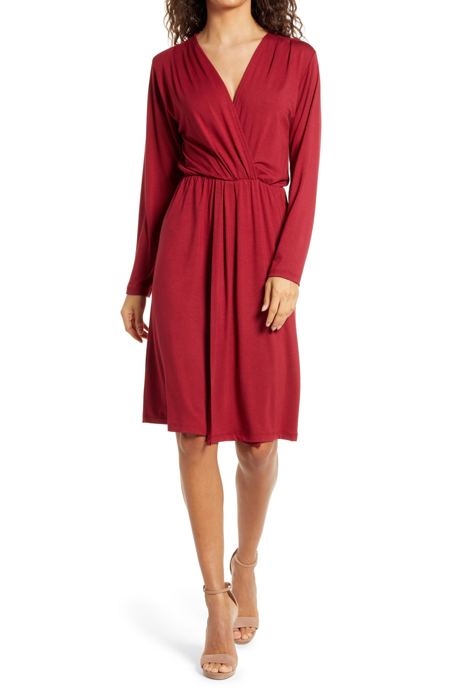 Women's Fraiche By J Long Sleeve Faux Wrap Dress, Size Medium - Red