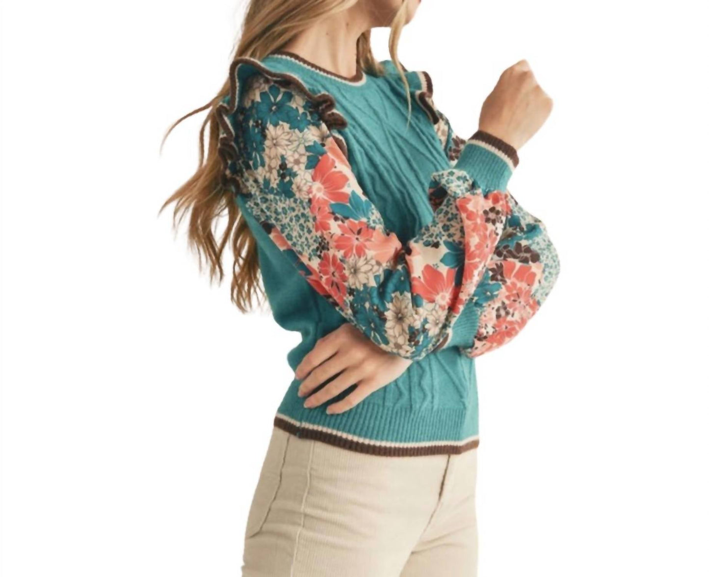 &Merci - Knit Sweater With Woven Floral Sleeves