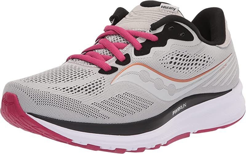 Tênis de corrida Saucony Ride 14 feminino, cor neblina/cereja