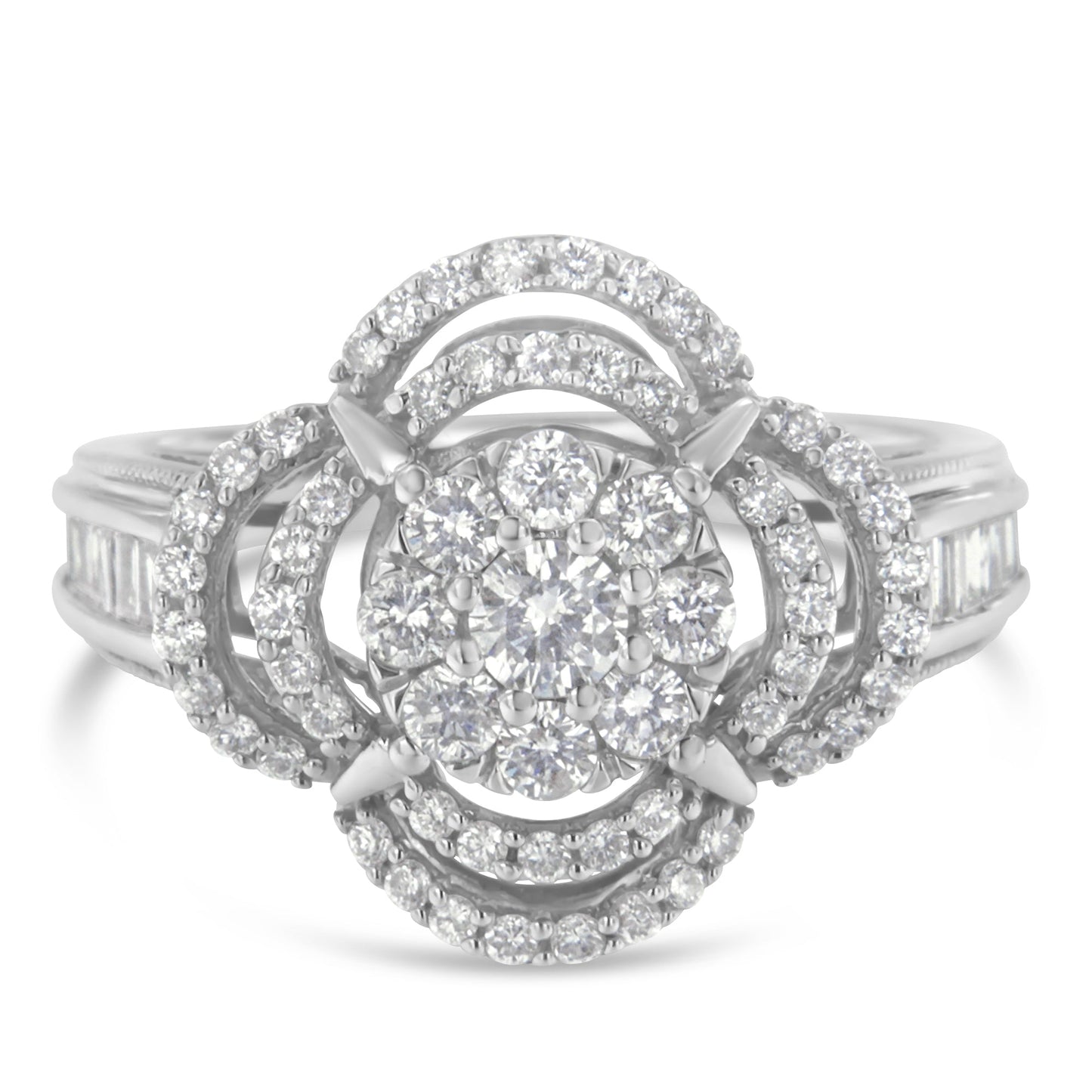 14K White Gold 1.0 Cttw Round & Baguette Cut Diamond Floral Cluster Quatrefoil Channel Set Band Cocktail Statement Ring (H-I Color, SI2-I1 Clarity) - Size 6-3/4