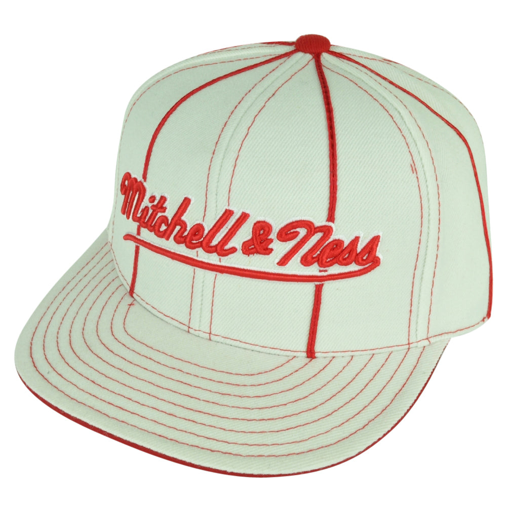 Mitchell & Ness Embroidered Logo White Striped Flat Bill Fitted 7 1/2 Hat Cap