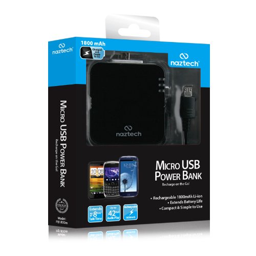 Carregador de bateria USB portátil de ultra-alta capacidade Naztech de 1800 mAh para dispositivos micro USB