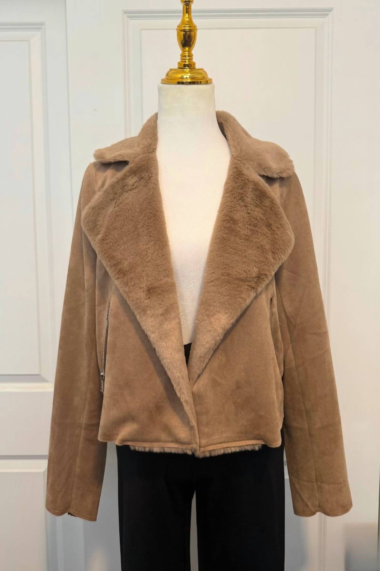 Active Basic - Women's Lapel Collar Fur Detail Faux Suede Biker Jacket