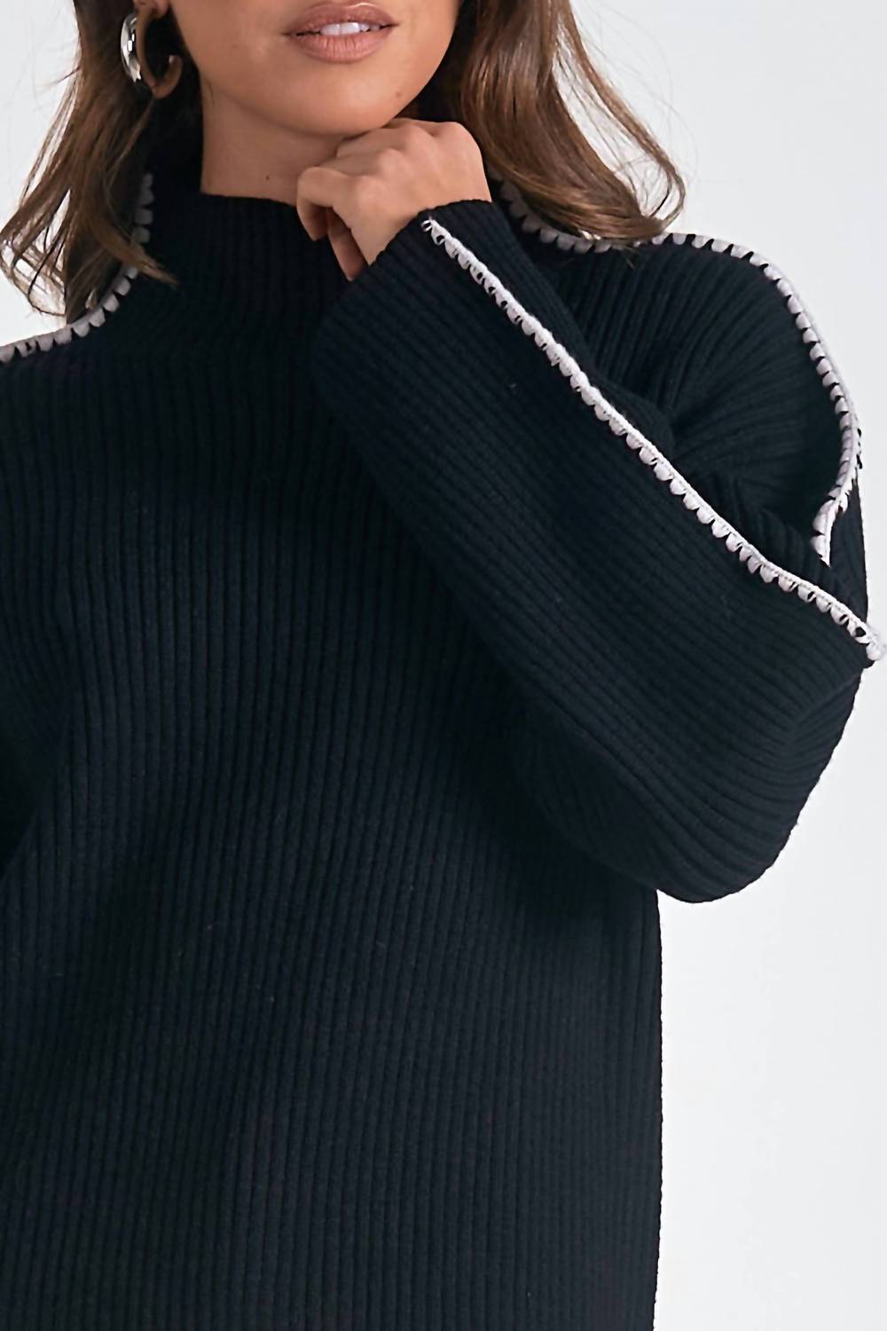 Elan - Whipstitch Sleeve High Neck Sweater