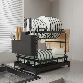 Conjunto de escorredor de louça antiferrugem de 2 níveis com bico de drenagem