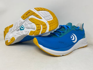 Tênis de corrida feminino Topo Cyclone Sky/Gold tamanho 8 B médio EUA