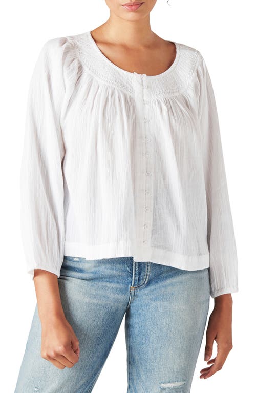 Lucky Brand Embroidered Button Front Cotton Peasant Blouse - White