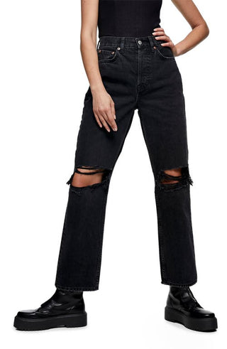 Topshop Double Ripped Knee Dad Jeans in Washed Black at Nordstrom, Size 30