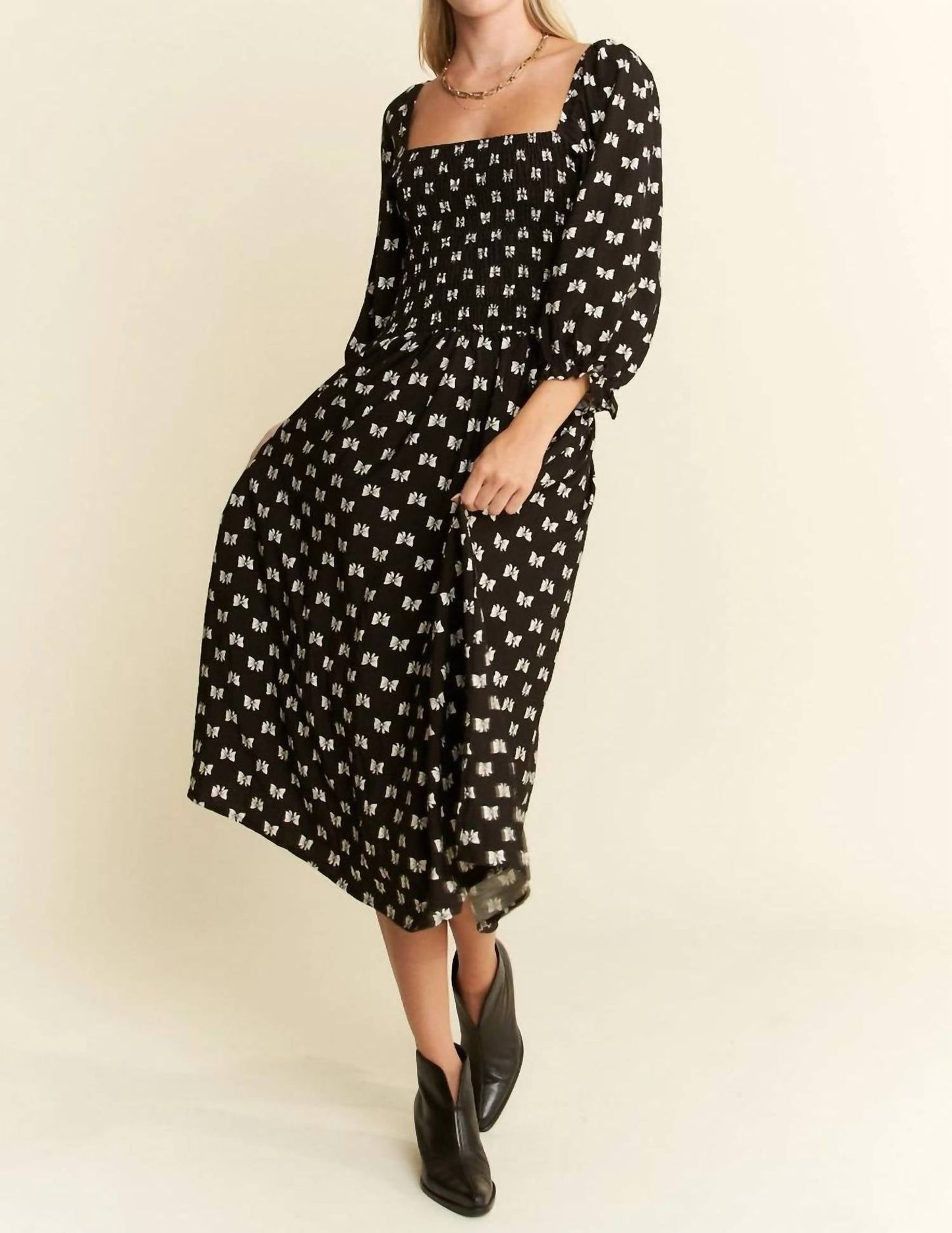 Jade By Jane - Ribbon Puff Sleeve Midi Dress