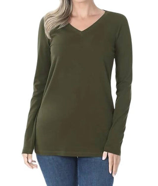 Zenana - Blusa de algodão com decote em V e manga comprida