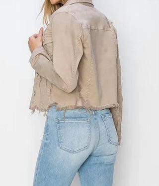 Risen - Jaqueta jeans cropped com botões e bainha crua tamanho grande plus size